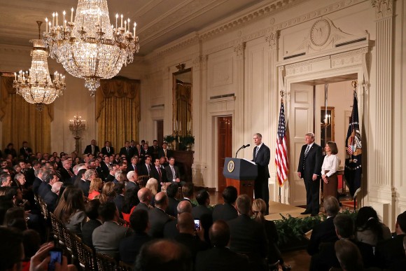 Judge Neil Gorsuch (L) delivers brief remarks after being nominated by U.S. President Donald Trump to the Supreme Court with his wife Marie Louise Gorshuch during a ceremony in the East Room of the White House in Washington Jan. 31, 2017. (Chip Somodevilla/Getty Images)