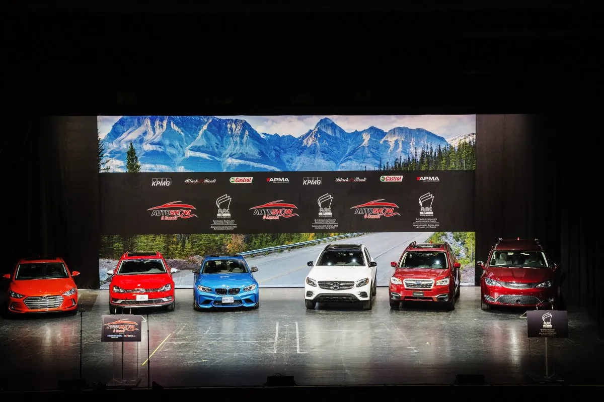 Canadian Car of the Year finalists (L to R) Hyundai Elantra, Volkswagen Golf Alltrack, BMW M2 and Canadian Utility Vehicle of the Year finalists Mercedes-Benz GLC 300 4Matic, Subaru Forester and Chrysler Pacifica in Toronto on February 16. (Courtesy of Michelle Siu/AJAC)