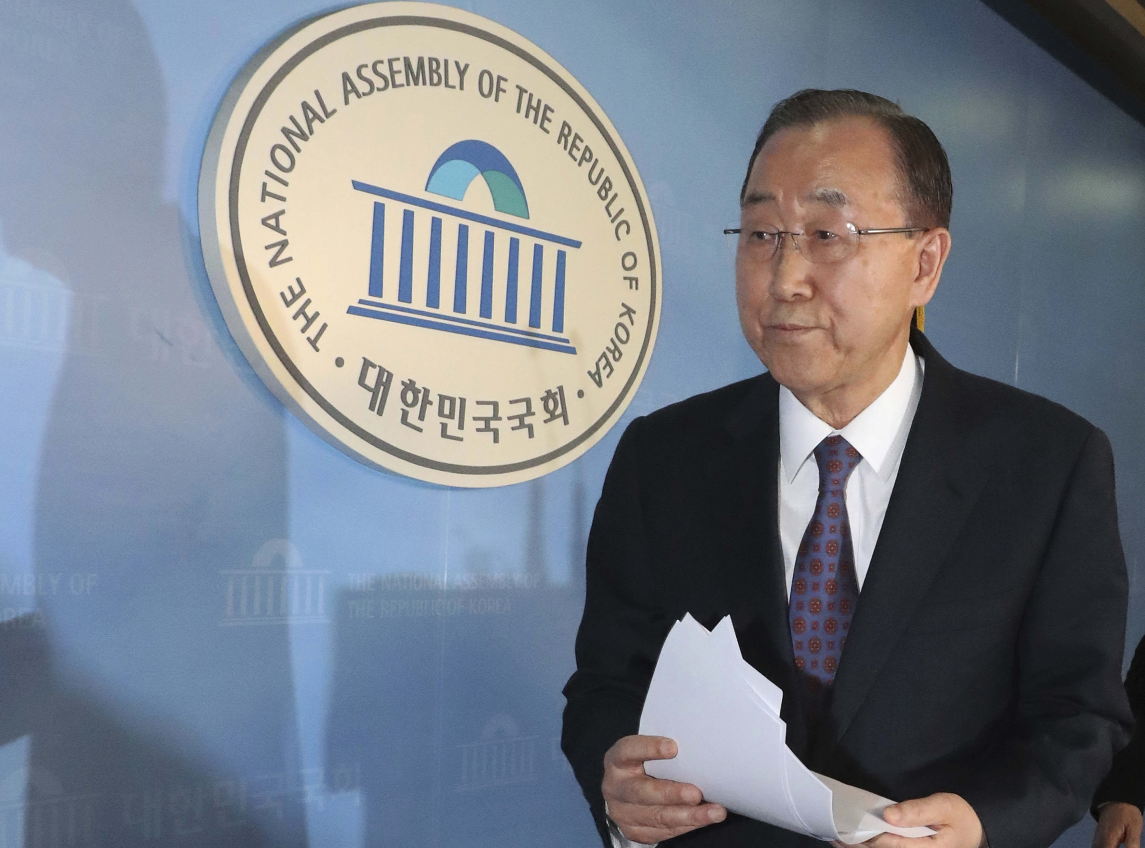 Former U.N. Secretary-General Ban Ki-moon leaves after a press conference at the National Assembly in Seoul, South Korea on Feb. 1, 2017. (Ahn Jung-won/Yonhap via AP)