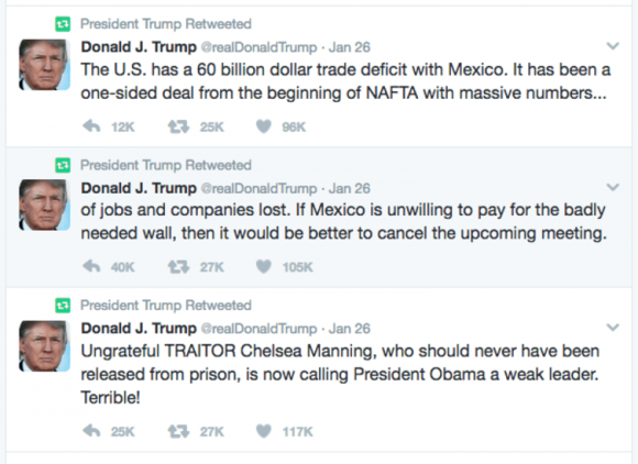 The official @POTUS Twitter account frequently retweets @realDonaldTrump. (screenshot)