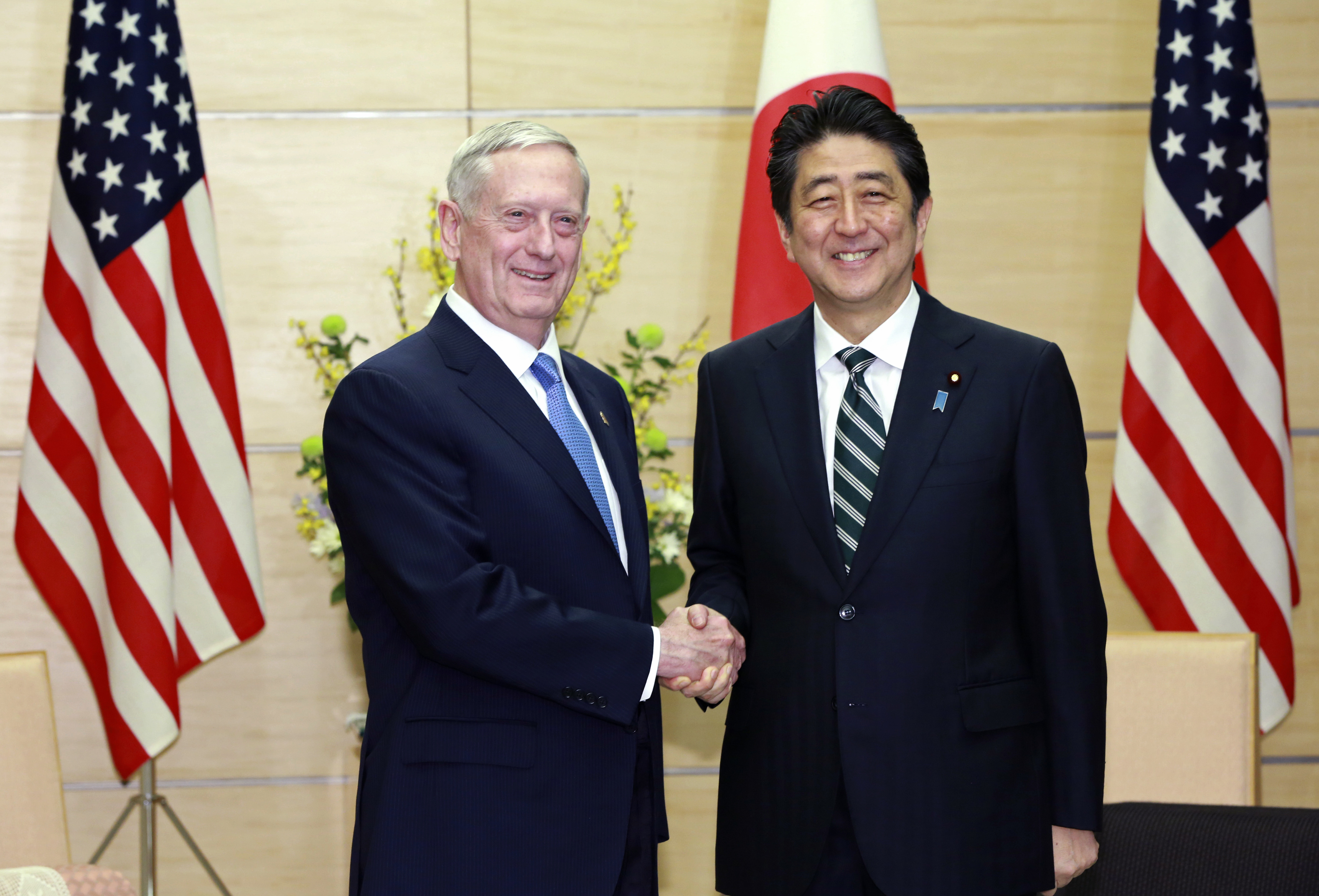 U.S. Defense Secretary Jim Mattis (L) and Japanese Prime Minister Shinzo Abe at the prime minister's office in Tokyo on Feb. 3, 2017. (AP Photo/Eugene Hoshiko, Pool)