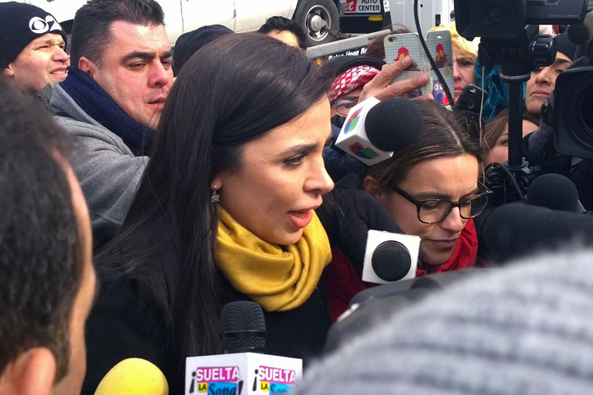 Emma Coronel Aispuro, wife of Joaquin "El Chapo" Guzman, talks with reporters as she leaves Brooklyn federal court following her husband's court appearance, in New York on Feb. 3, 2017. (AP Photo/Elizabeth Williams)