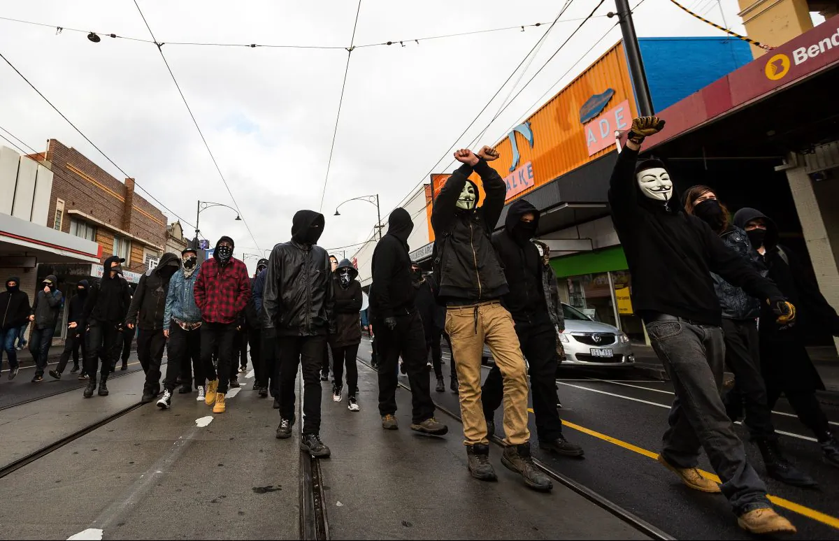 Members of ANTIFA march up Sydney Road in Coburg on May 28, 2016 in Melbourne, Australia.   (Chris Hopkins/Getty Images)