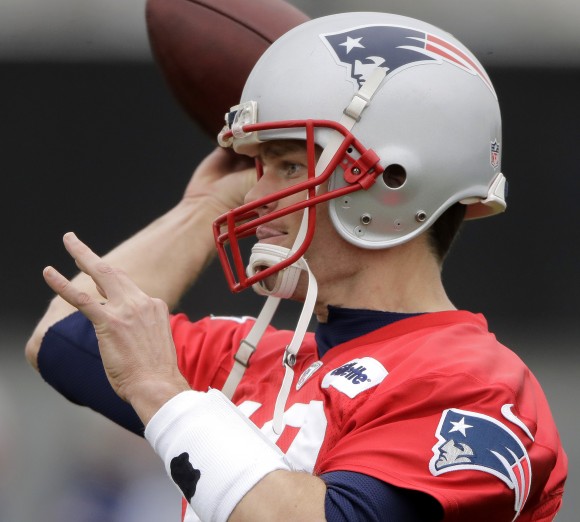 New England Patriots quarterback Tom Brady participates in a drill during practice for the NFL Super Bowl 51 football game in Houston on Feb. 3, 2017. The Patriots will face the Atlanta Falcons in the Super Bowl Sunday. (AP Photo/Charlie Riedel)