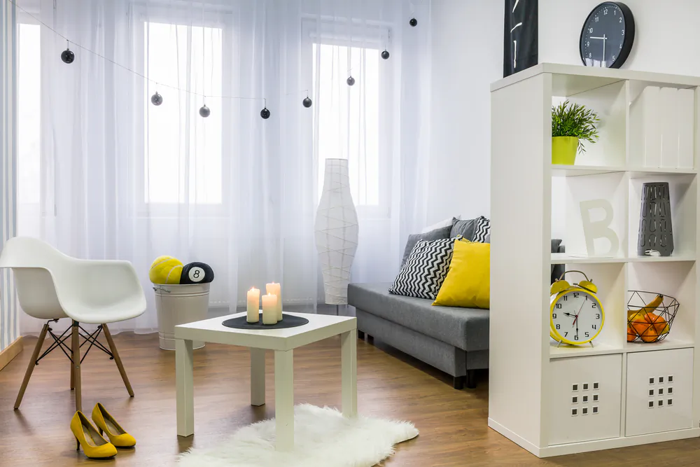 A wall unit with open shelving and storage can be used as a room divider to separate different living areas. (ESB Professional/Shutterstock) 