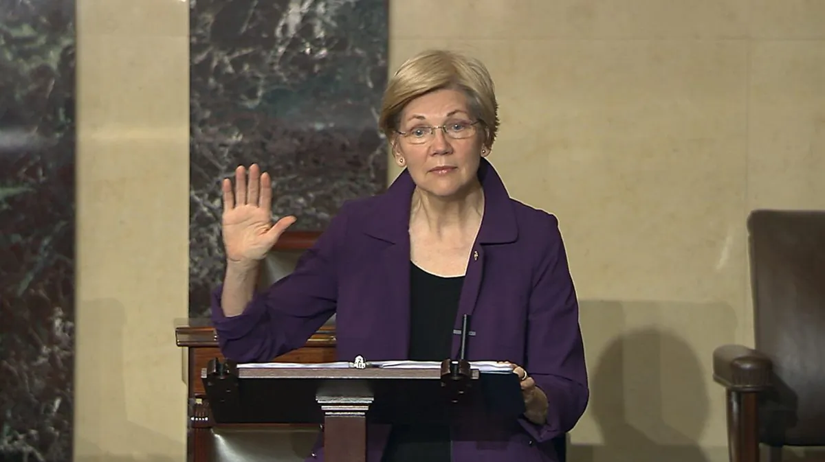 In this image from Senate Television, Sen. Elizabeth Warren (D-Mass.), speaks on the floor of the U.S. Senate in Washington, Feb. 6, 2017, about the nomination of Betsy DeVos to be Education Secretary. (Senate TV via AP)
