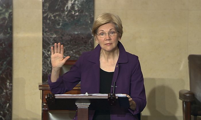In this image from Senate Television, Sen. Elizabeth Warren (D-Mass.), speaks on the floor of the U.S. Senate in Washington, Feb. 6, 2017, about the nomination of Betsy DeVos to be Education Secretary. (Senate TV via AP)