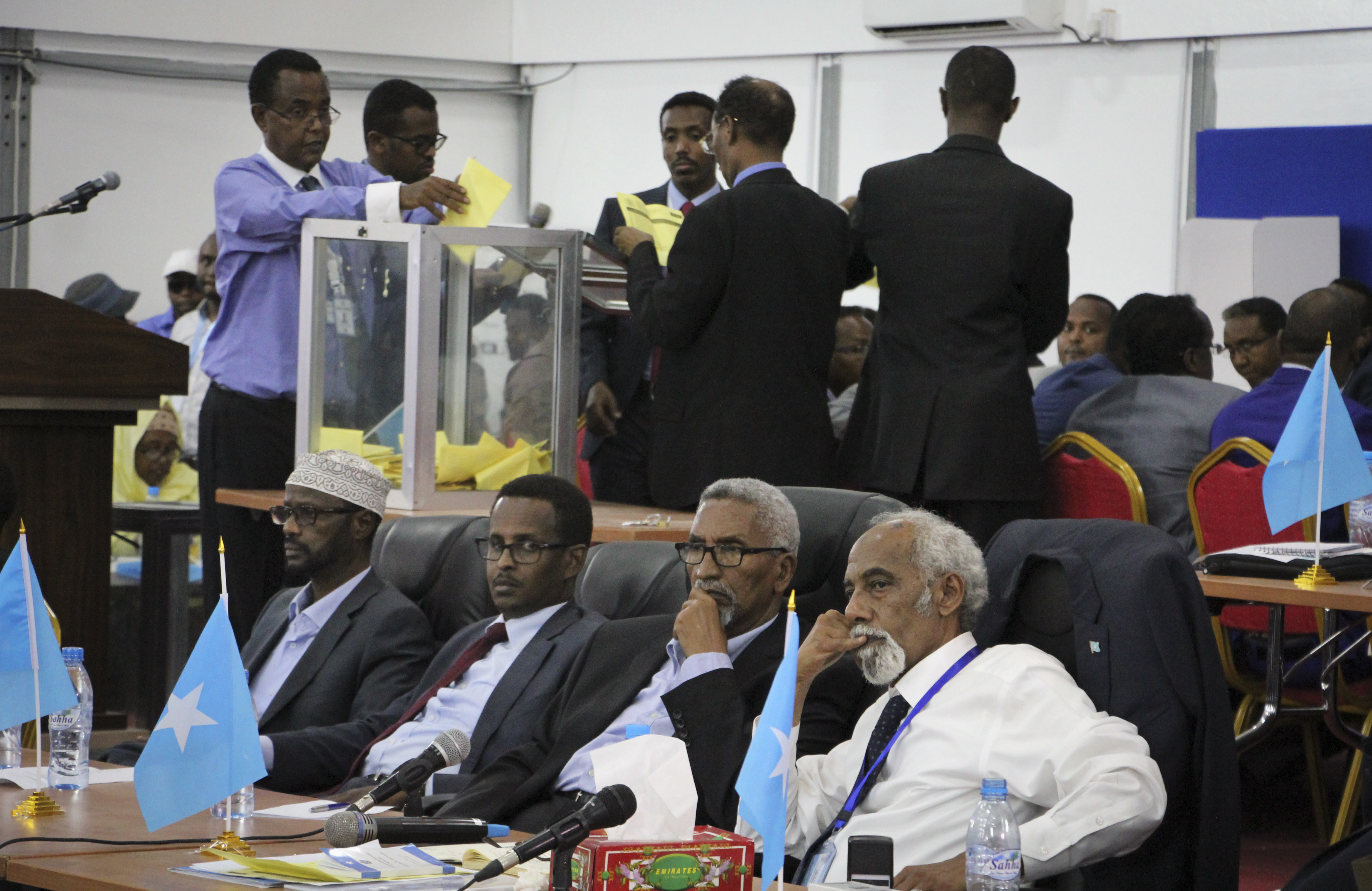Votes are counted in the first round of the presidential election in Mogadishu, Somalia on Feb. 8, 2017. (AP Photo/Farah Abdi Warsameh)
