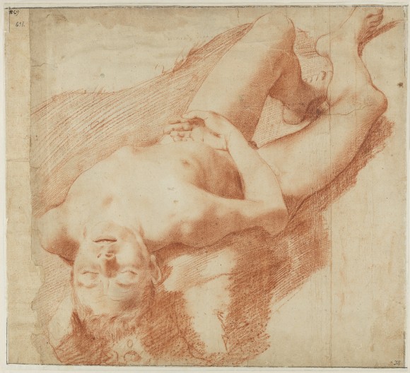 "Nude Study of a Young Man Lying on his Back," circa1583-1585, by Annibale Carracci (Italian, 1560–1609). Red chalk. (Nationalmuseum of Sweden)