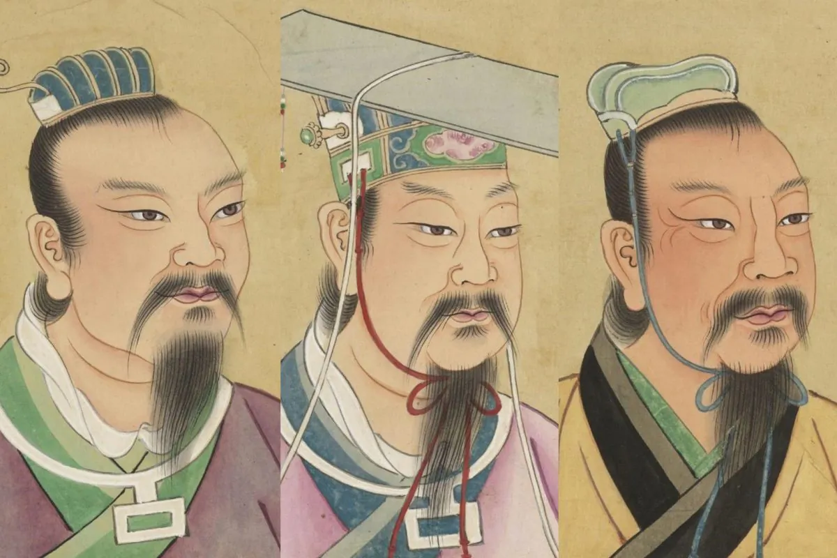 (L-R) Emperor Yao, Emperor Shun and Emperor Yu from 18th century Chinese celebrity portraits held in the National Library of France. (Public domain, combination image compiled by Epoch Times) 