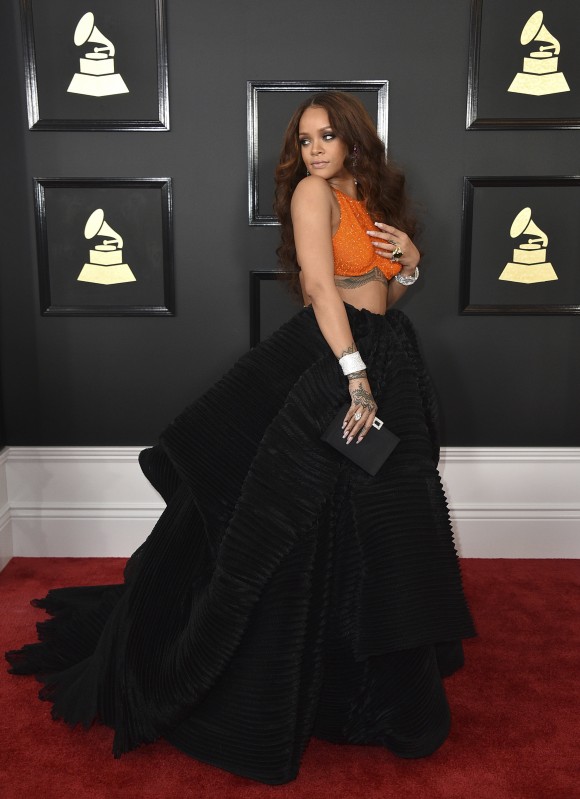 Rihanna arrives at the 59th annual Grammy Awards at the Staples Center on Sunday, Feb. 12, 2017, in Los Angeles. (Photo by Jordan Strauss/Invision/AP)