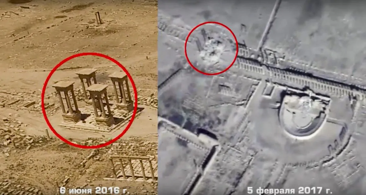 This photo combo, made from footage taken from the Russian Defense Ministry official website, purports to show the Tetrapylon, a set of four monuments with four columns each at the center of the colonnaded road leading to a Roman-era amphitheater on June 6, 2016 (L) and on Feb. 5, 2017  in Palmyra, Syria. (Russian Defense Ministry Press Service, via AP)