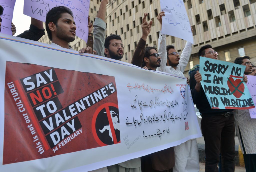 Pakistani men protest against Valentine's Day celebrations in Karachi on February 12, 2017. The western tradition of Valentine's Day is reviled in parts of Pakistan's conservative Islamic society. / AFP / RIZWAN TABASSUM (Photo credit should read RIZWAN TABASSUM/AFP/Getty Images)