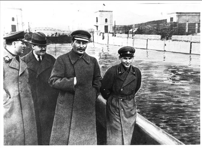 Kliment Voroshilov (L), Vyacheslav Molotov, Joseph Stalin and Nikolai Yezhov (R) at the shore of the Moscow-Volga canal in this file photo. Molotov fought to gain power after Stalin's death in 1953 while Yezhov was tried and executed in 1940. (Wikipedia Commons)