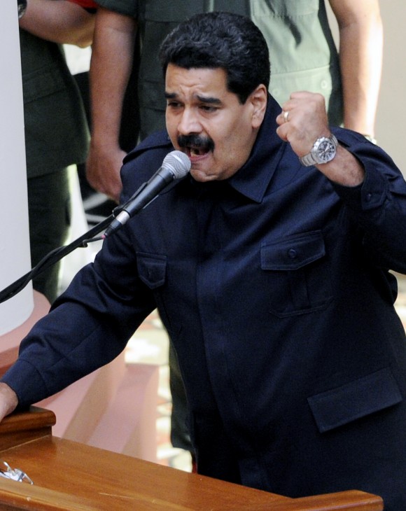 Venezuelan President Nicolas Maduro delivers a speech during a ceremony within commemorations for the late President Hugo Chavez's death first anniversary, at the Cuartel de la Montana in Caracas on March 5, 2014. (LEO RAMIREZ/AFP/Getty Images)