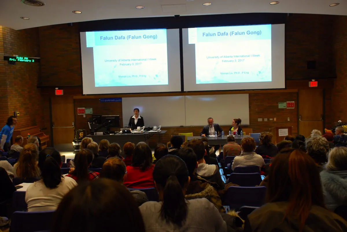 Dr. Minnan Liu of the Falun Dafa Association of Edmonton gives a presentation after the screening of the “Human Harvest” documentary at the University of Alberta on Feb. 3, 2017. (Epoch Times)