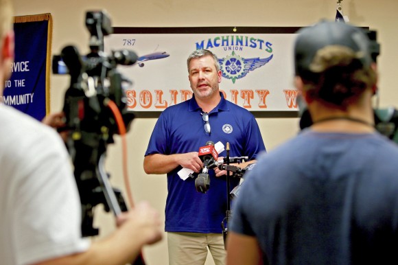 International Association of Machinists organizer Mike Evans speaks to the media at the IAM's office in North Charleston, S.C. on Feb. 15, 2017. (Wade Spees/The Post And Courier via AP)