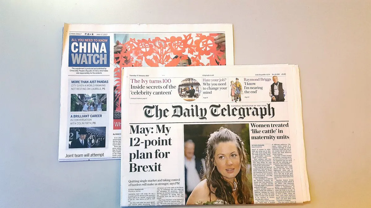 The UK's Daily Telegraph newspaper carries a China Watch advertorial in its edition on Jan. 17, 2017. (Jane Gray/Epoch Times)