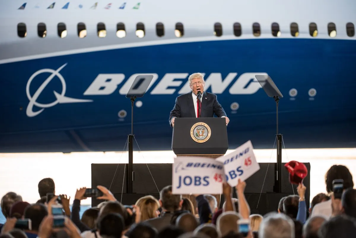 U.S. President Donald Trump addresses a crowd during the debut event for the Dreamliner 787-10 at Boeing's South Carolina facilities in North Charleston, on Feb. 17, 2017. (Sean Rayford/Getty Images)

