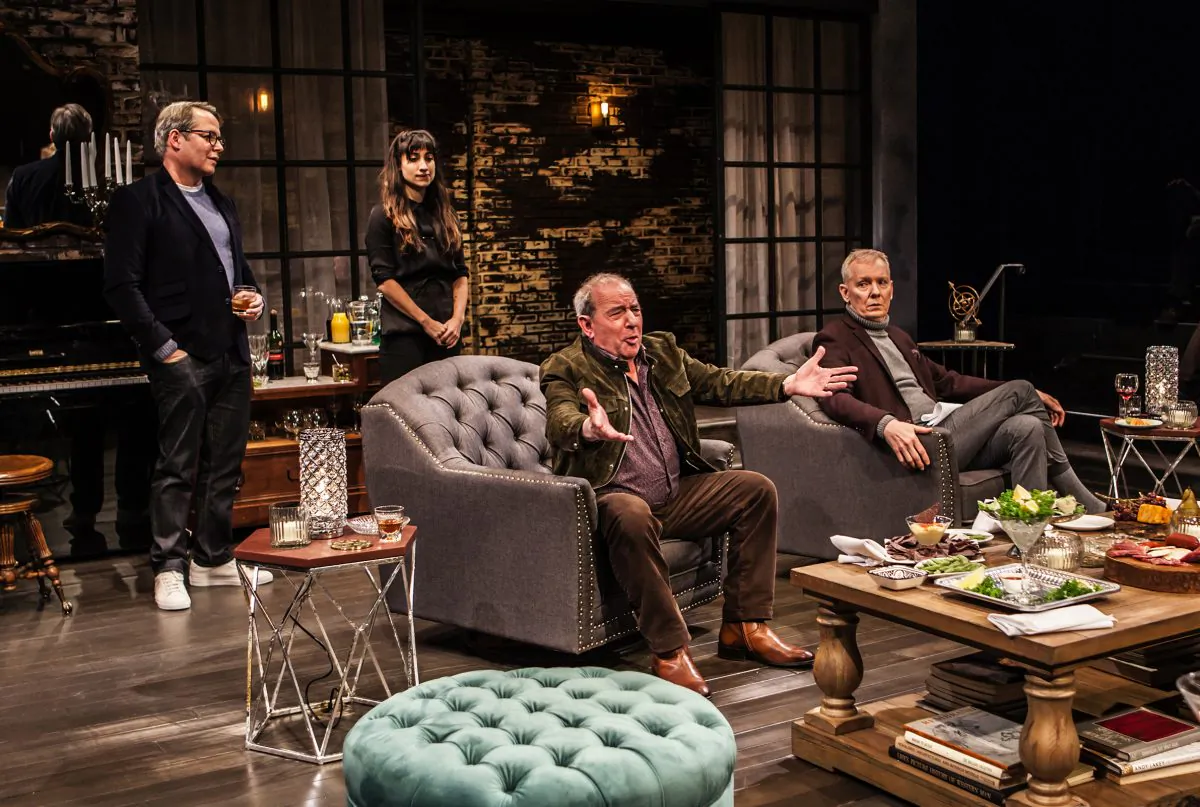 (L–R) Matthew Broderick, Annapurna Sriram, Michael Tucker, John Epperson, in Wallace Shawn’s “Evening at the Talk House.” The world has changed since these theater folk last got together. (Monique Carboni)