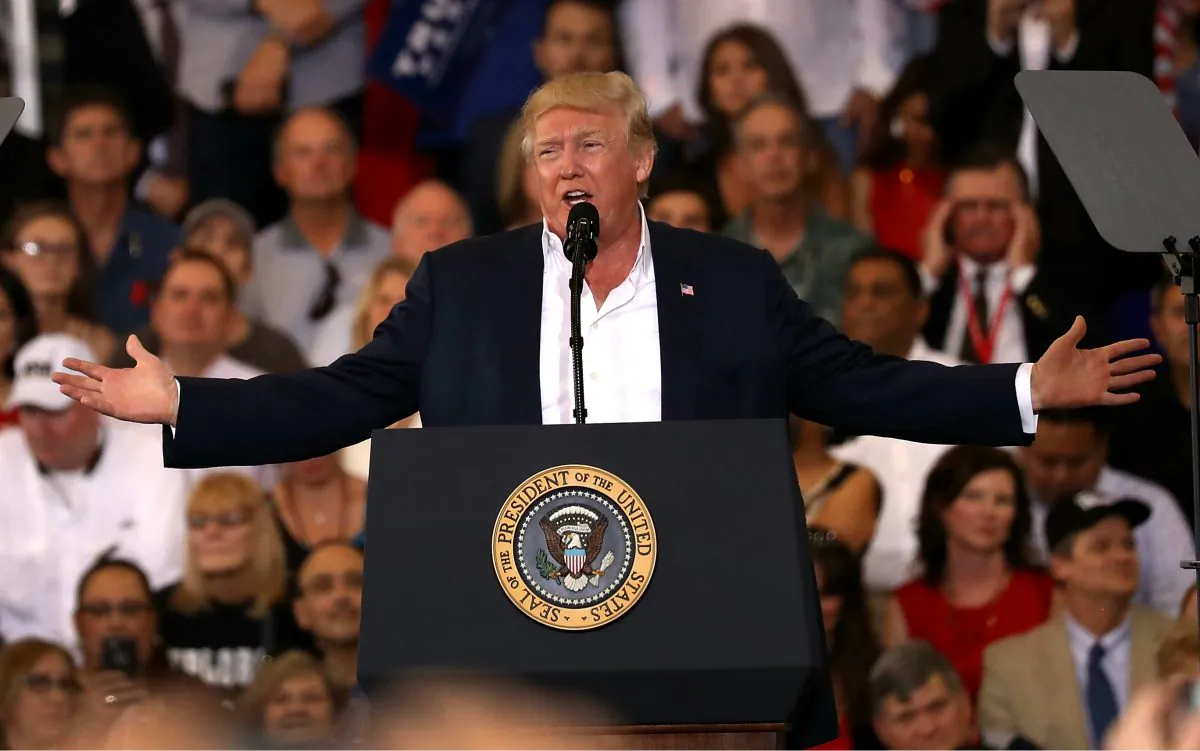 President Donald Trump speaks during a campaign rally at the AeroMod International hangar at Orlando Melbourne International Airport in Melbourne, Florida on Feb. 18, 2017. President Trump is holding his rally as he continues to try to push his agenda through in Washington, DC. (Joe Raedle/Getty Images)
