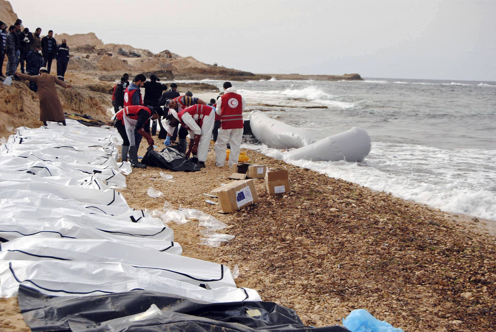 The bodies of people that washed ashore and were recovered by the Libyan Red Crescent, near Zawiya, Libya on Feb. 20, 2017. (Mohannad Karima/IFRC via AP)