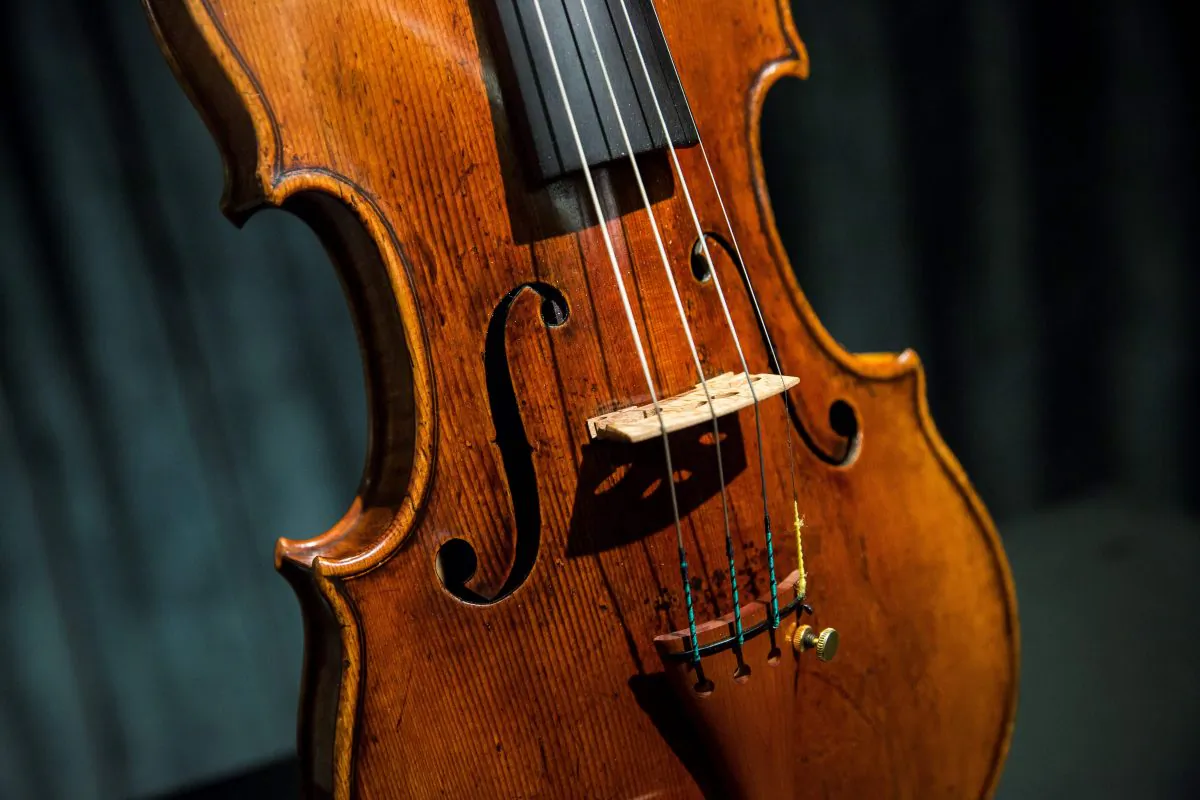 A rare 1684 violin by Antonio Stradivari is displayed during a media preview at Sotheby's in Hong Kong on Feb. 21, 2017. (Isaac Lawrence/AFP/Getty Images)