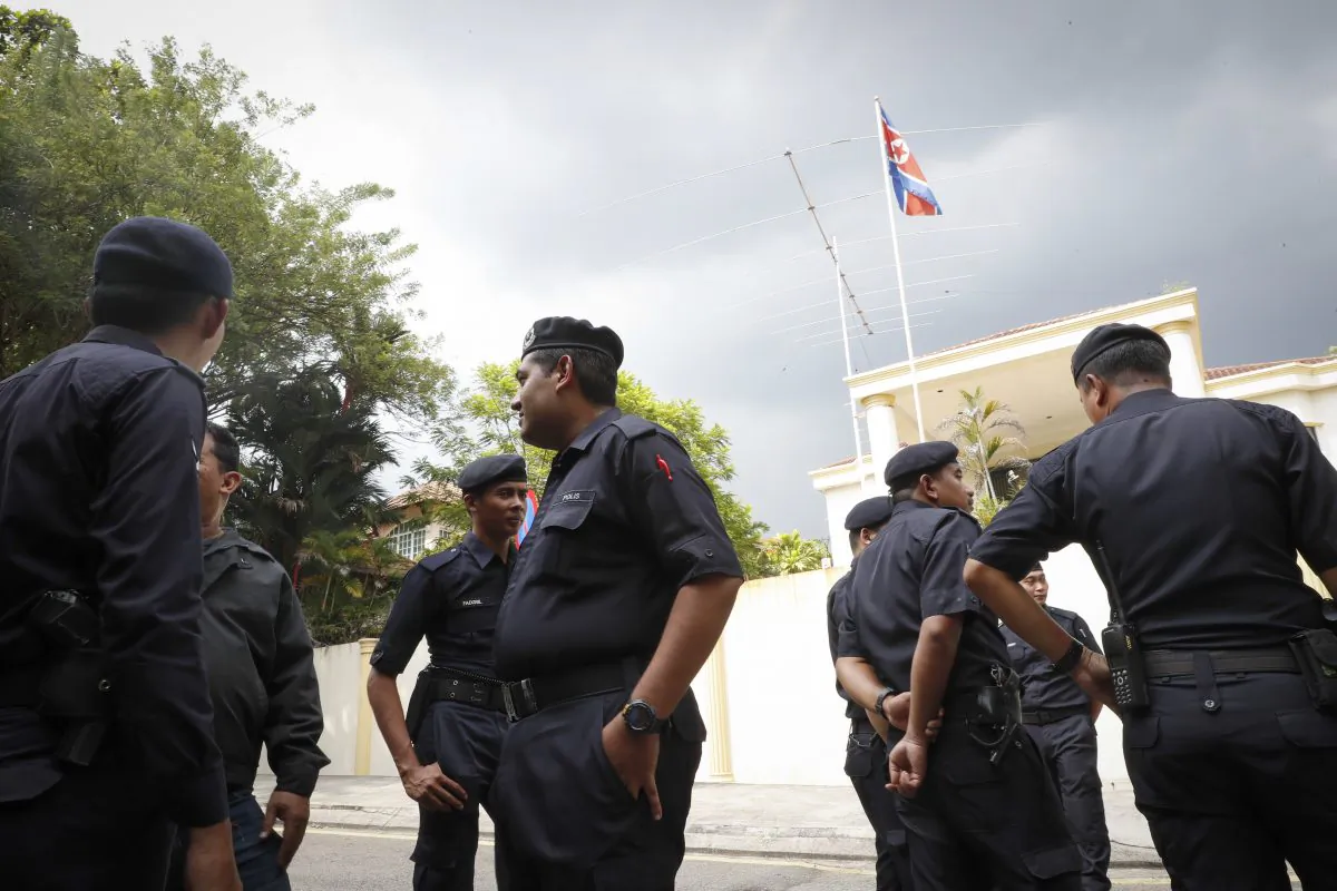 Malaysian Police stand outside North Korean Embassy in Kuala Lumpur, Malaysia on Feb. 23, 2017. (AP Photo/Vincent Thian)