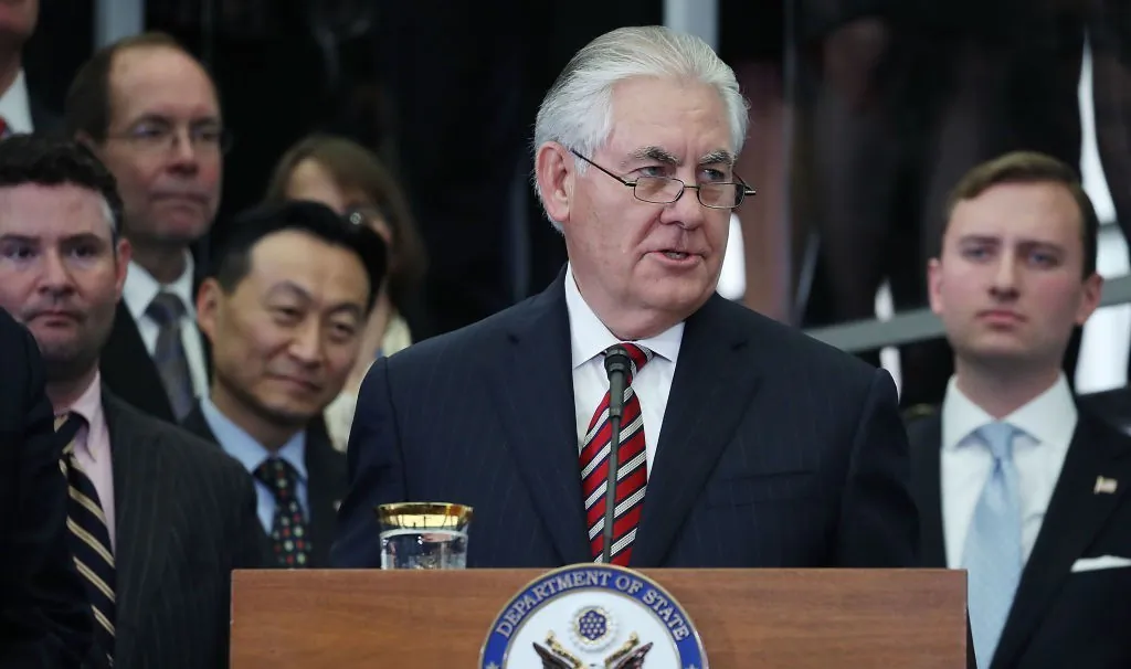 Secretary of State Rex Tillerson speaks to employees upon his arrival at the State Department, in Washington, DC. on Feb. 2, 2017. (Mark Wilson/Getty Images)