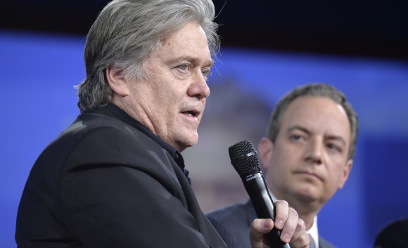 White House Chief Strategist Steve Bannon (L) and White House Chief of Staff Reince Priebus at the Conservative Political Action Conference (CPAC) in National Harbor, Maryland, on Feb. 23. (MIKE THEILER/AFP/Getty Images)