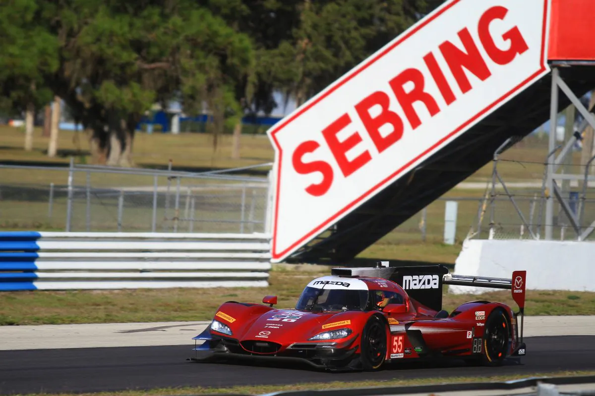 Tristan Nunez drives the #55 Mazda Motorsports RT24-P DPi towards Turn Seven during the afternoon session of Day One of the IMSA Sebring Winter Test, Feb. 23, 2017. (Chris Jasurek/Epoch Times)