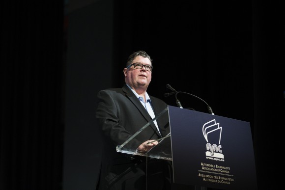 Gary Grant, AJAC Co-Chair announces that the Subaru Forester wins the Canadian Utility Vehicle of the Year award in Toronto on February 16, 2017. (Photo By: Michelle Siu/AJAC)