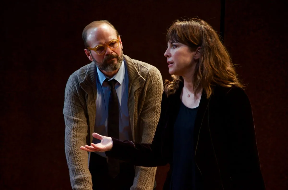 (L–R) Chris Bauer and Rebecca Pidgeon in the world premiere of David Mamet’s The Penitent, directed by Neil Pepe (Doug Hamilton)