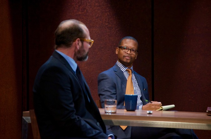 (L–R) Chris Bauer and Lawrence Gilliard Jr. in the world premiere of David Mamet's The Penitent, directed by Neil Pepe (Doug Hamilton)