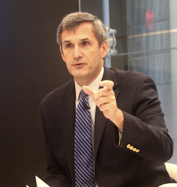 David Randall, senior fellow and vice president for external affairs at the Thomas B. Fordham Institute, speaks at the American Enterprise Institute, Feb. 22, on civic education. (Gary Feuerberg/ Epoch Times)