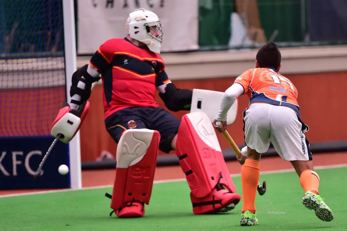 Khalsa’s Inderpal Singh scores his 2nd  goal in their HKHA Premier Division A match against HKCC-A on Sunday Feb 26, 2017.  Khalsa won the match 5-0. (Bill Cox/Epoch Times)