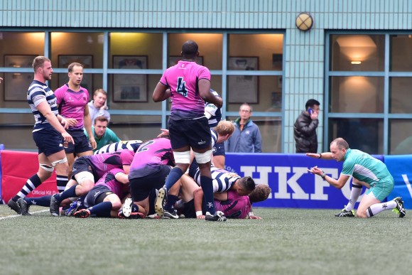 Tom Issacs crossed the line for HKFC but the ball was adjudged