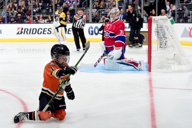Ryker Kesler, son of Ryan Kesler of the Anaheim Ducks, reacts after scoring a goal in the Discover NHL Shootout in Los Angeles. (Harry How/Getty Images)