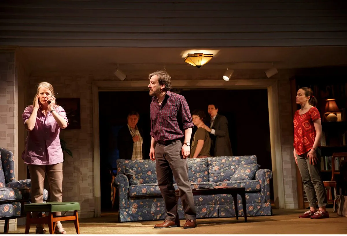 (L–R) Tasha Lawrence, Larry Bryggman, Jeremy Shamos, Seth Steinberg, Gary Wilmes, Maria Dizzia play an extended family in “If I Forget.” (Joan Marcus)