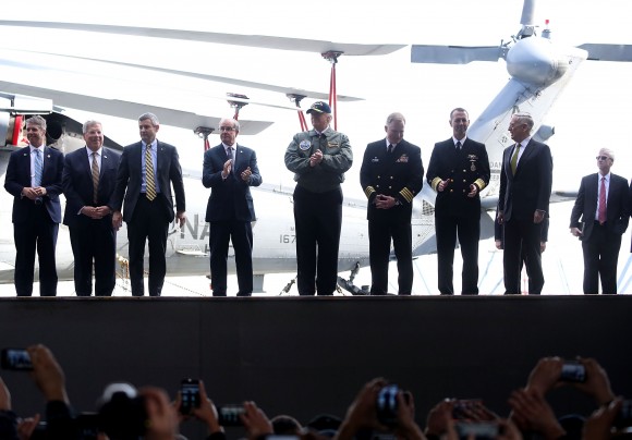 President Donald Trump (C) departs on the aircraft elevator after speaking to members of the U.S. Navy and shipyard workers on board the USS Gerald R. Ford CVN 78 that is being built at Newport News shipbuilding in Newport News, Virginia, on March 2, 2017. The USS Ford is powered by two Nuclear reactors and is 1, 092 feet long with a 134 foot beam and can carry over 75 aircraft. (Mark Wilson/Getty Images)