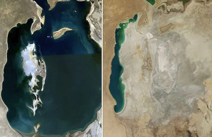 A comparison of the Aral Sea in 1989 (left) and 2014 (right) (Credit: NASA)