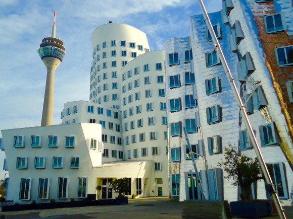 Frank Gehry's Neuer Zollhof, with its three crooked towers with contrasting facades. (Susan James)