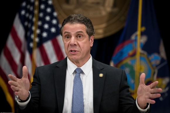 New York Governor Andrew Cuomo speaks during a press conference to announce that Spotify will move an office to 4 World Trade Center in the Financial District in New York City on Feb. 15, 2017. Cuomo said Spotify will be create 1,000 jobs at the new office space. (Drew Angerer/Getty Images)