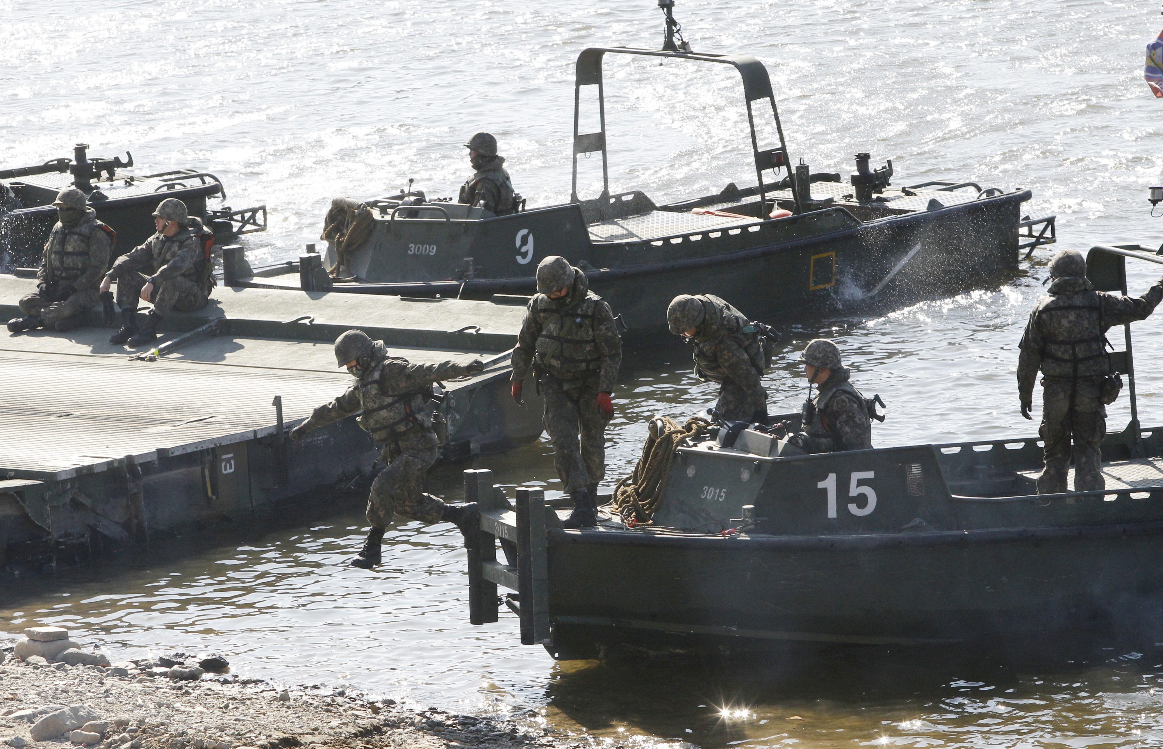South Korean army soldiers conduct a river crossing operation on the Hantan river iin Yeoncheon, near the border with North Korea, South Korea on March 6, 2017. (AP Photo/Ahn Young-joon)