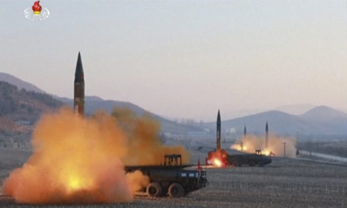 In this image made from video released by KRT North Korea launches four missiles in an undisclosed location North Korea on March 7, 2017. On Monday, North Korea fired four ballistic missiles in an apparent protest against ongoing U.S.-South Korean military drills that it views as an invasion rehearsal. (KRT via AP Video)