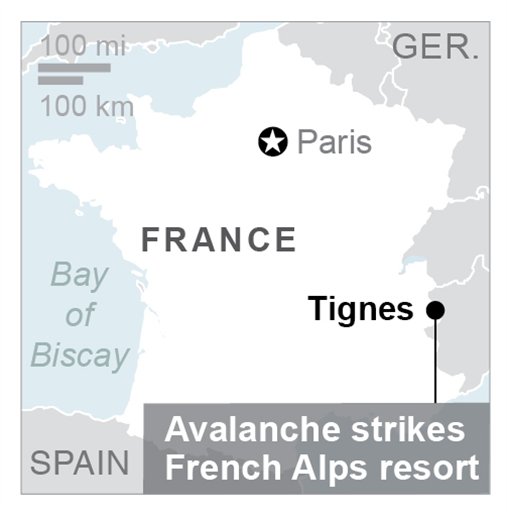 Map locates Tignes resort in France. (Via AP)