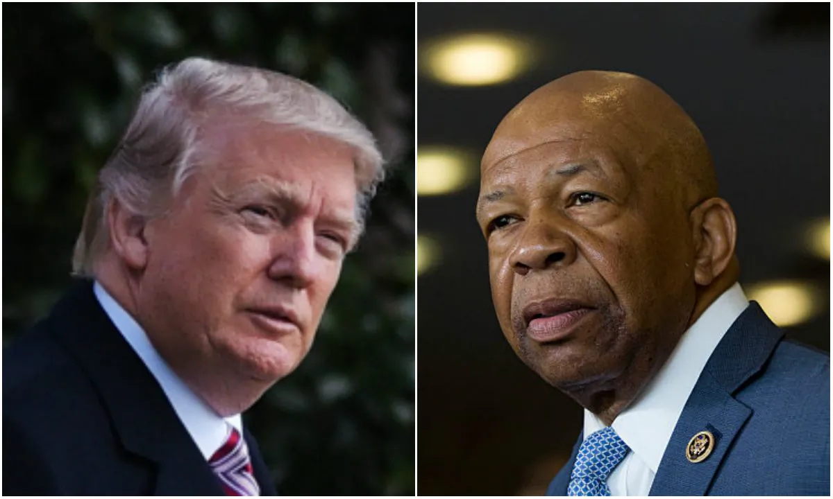 President Donald Trump (L) makes his way across the South Lawn to board Marine One on his way to Newport News, Virginia on March 2, 2017. Rep. Elijah Cummings (D-Md.) speaks to the media at the University of Baltimore in Baltimore, Maryland on May 5, 2015. (Mandel Ngan/AFP/Getty Images; Drew Angerer/Getty Images)