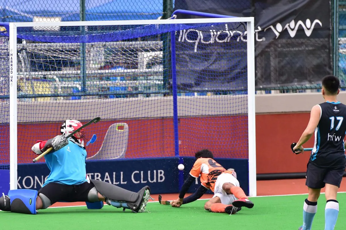 SSSC’s opening goal in their Premier Division A match against HKFC at HKFC on Sunday March 5, 2017. (Bill Cox/Epoch Times).