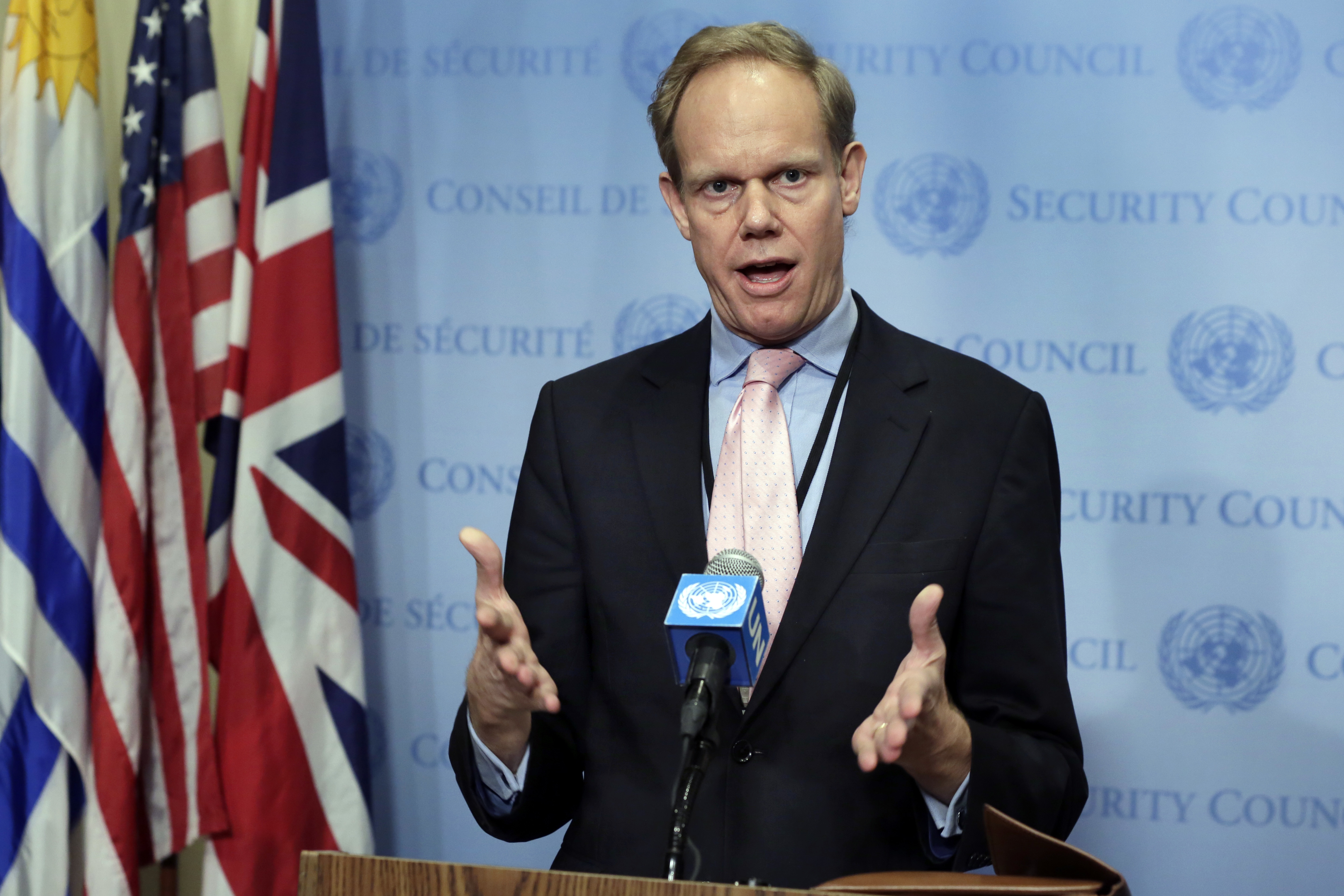 Britain's Ambassador Matthew Rycroft speaks during news conference after consultations of the United Nations Security Council on March 8, 2017. (AP Photo/Richard Drew)
