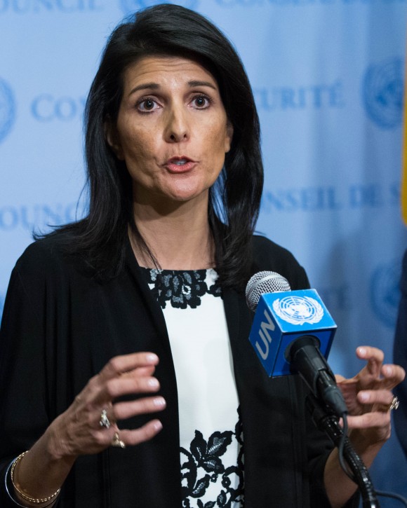 U.S. Permanent Representative to the United Nations Ambassador Nikki Haley speaks to the media after taking part in the UN Security Council consultations on North Korea's recent missile launches at UN headquarters in New York on March 8, 2017. (EDUARDO MUNOZ ALVAREZ/AFP/Getty Images)